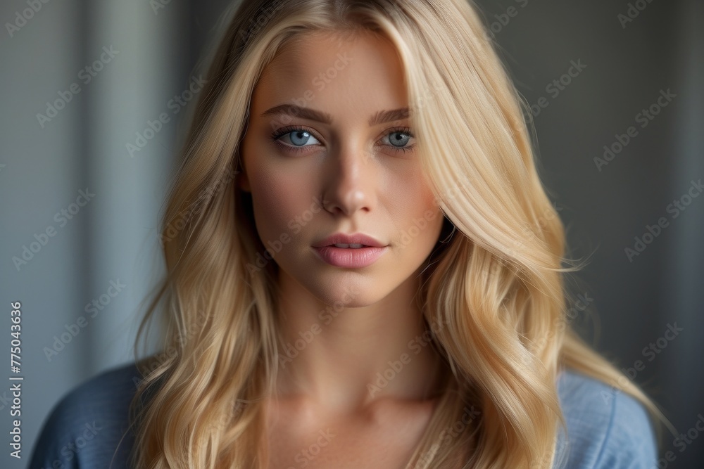 A blonde woman with blue eyes and a light blue shirt A blonde woman with blue eyes and a light blue shirt