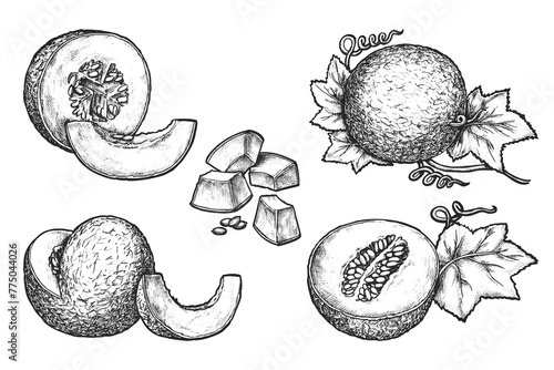 Set of isolated melon slice. Vector sketch of edible fruit with seeds. Vegetarian and vegan culinary. Natural and organic summer meal. Farming and harvesting. Agriculture harvest. Healthy nutrition