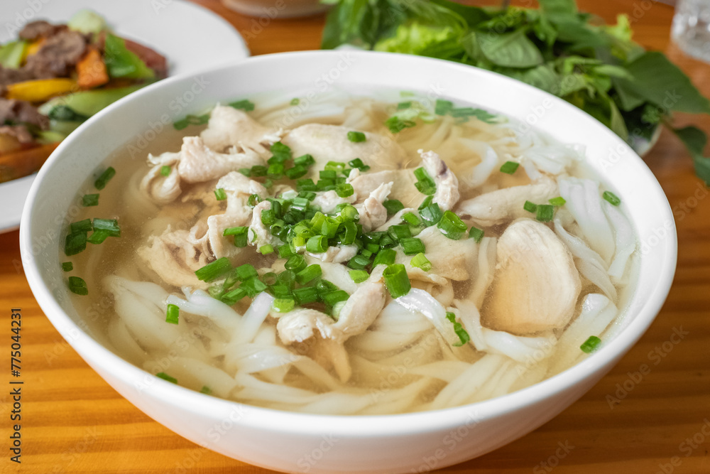 Traditional Vietnamese soup pho. Vietnamese cuisine soup Pho Ga with chicken, rice noodles, herbs in a bowl Traditional Vietnamese soup pho. Vietnamese cuisine soup Pho Ga with chicken, rice noodles, herbs in a bowl