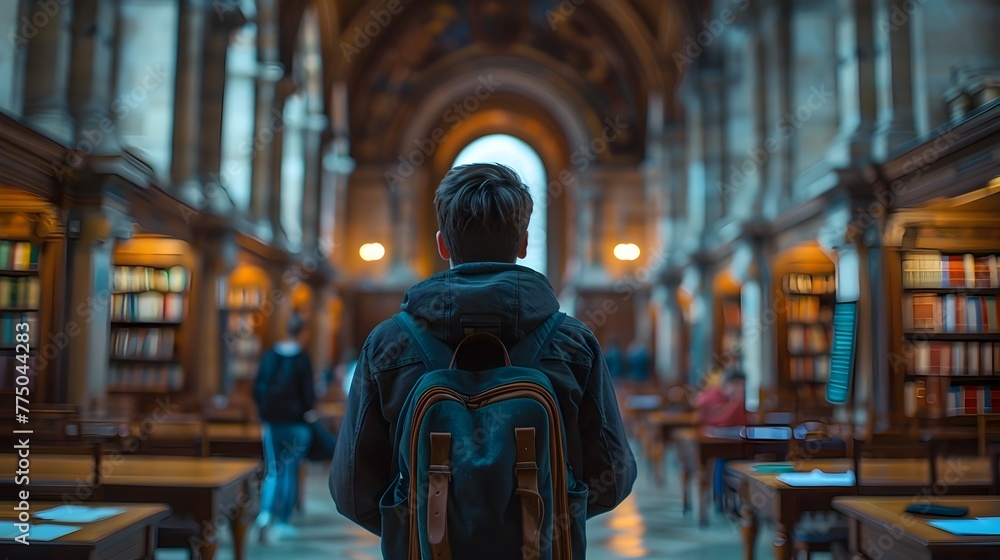 Captivating Interior of a Historic University Library with Ornate Architecture and Thoughtful Students Immersed in Study