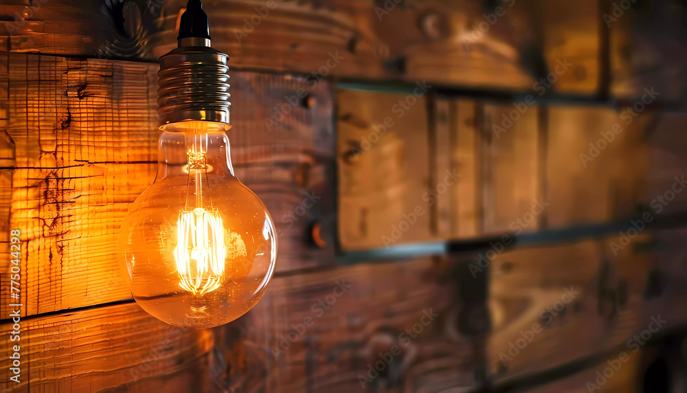 Light bulb hanging from a wooden wall with light on. Generative ai design concept.