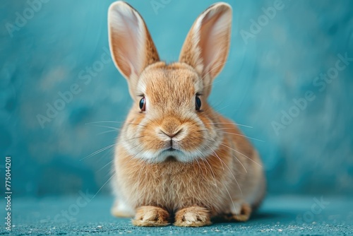 Cute fluffy easter bunny on blue wall background, happy easter concept, copy space