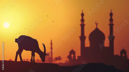 Eid Al Adha poster  Goat silhouette against mosque backdrop. AI generative