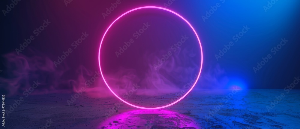 Render, blue pink neon round frame, circle, ring shape, empty space, ultraviolet light, 80's retro style, fashion show stage, abstract background. Render, blue pink neon round frame, circle, ring shape, empty space, ultraviolet light, 80's retro style, fashion show stage, abstract background.
