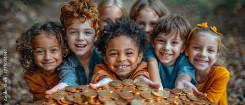 A group of cheerful, diverse children holding a pile of collected coins, possibly fundraising or learning about money and savings. photo