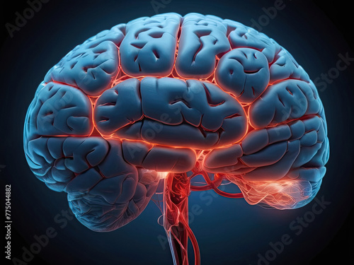 Human brain with highlighted nerve cell, 3D illustration, medical concept photo