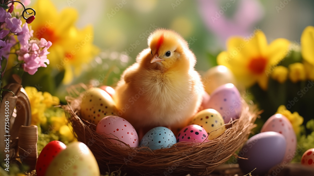 Sweet Easter Chick Resting Among Colorful Eggs and Flowers in Basket: Backlit Scene with Soft Focus Background Sweet Easter Chick Resting Among Colorful Eggs and Flowers in Basket: Backlit Scene with Soft Focus Background