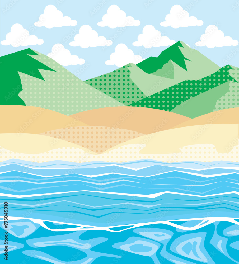 Beach landscape with blue sky, fluffy cloud, green mountains and blue water in a cute flat design style