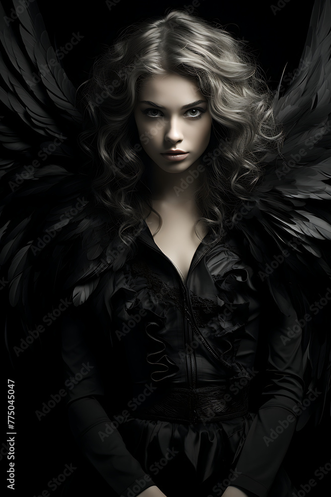 Portrait of a beautiful woman with angel wings on black background.