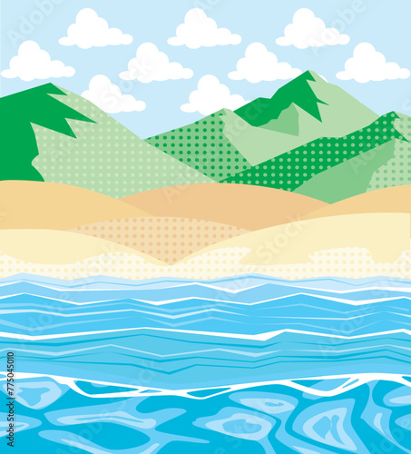 Beach landscape with blue sky  fluffy cloud  green mountains and blue water in a cute flat design style