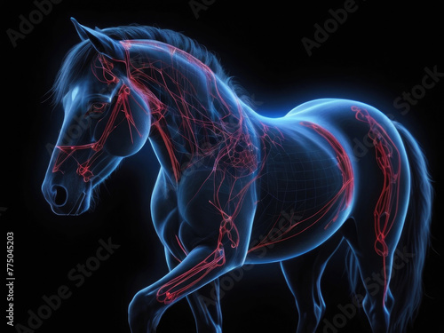 3D illustration of a horse with a circulatory system on a black background