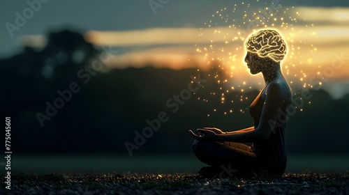 Serene Meditating Figure with Glowing Brain Amid Peaceful Nature Backdrop Representing Harmony of Mind and Spirit photo