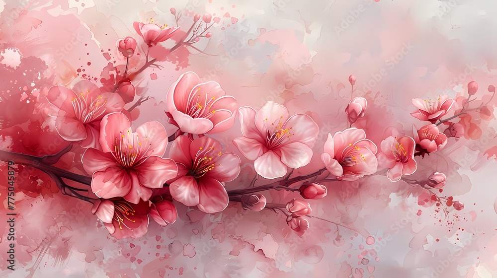 A single branch of cherry blossoms against a gradient pink background. The blossoms are various shades of pink and white, with hints of yellow at the center. It is a close-up view. A single branch of cherry blossoms against a gradient pink background. The blossoms are various shades of pink and white, with hints of yellow at the center. It is a close-up view.