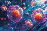 multiple cells floating in a blue space. The cells are various shapes and sizes, some smooth and some bumpy. They are surrounded by transparent spheres with different colored outlines, possibly depict