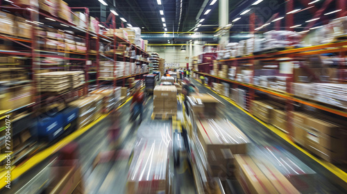 Warehouse workers in a large warehouse. Intentional motion blur