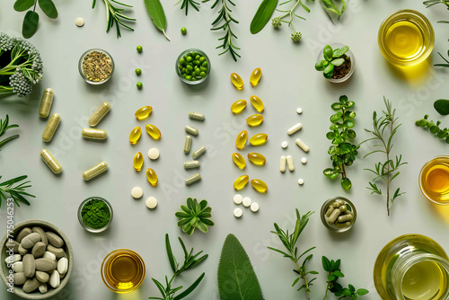 Assorted Nutritional Supplements and Greenery Flat Lay photo