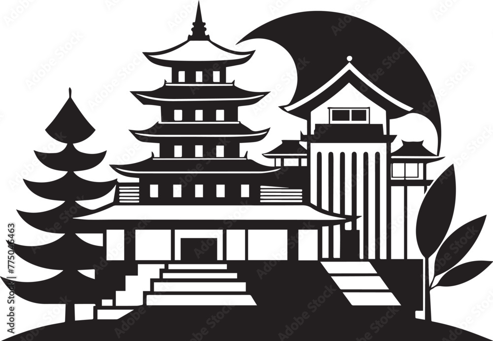 Japanese architecture. Hand drawn vector illustration	