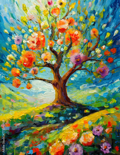 Tree with colorful flowers  Printable digital oil painting  impasto. Modern art on digital art concept.