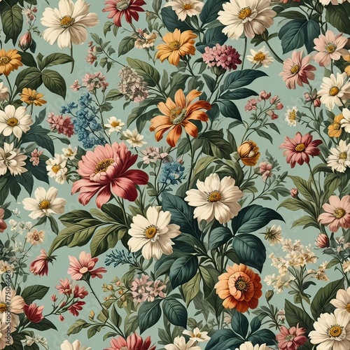 pattern with colorful flowers in vintage style. AI generated