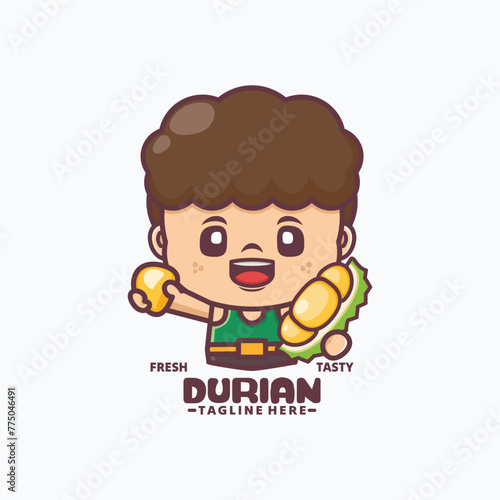 durian fruit and man cartoon mascot, vector illustration in outline style