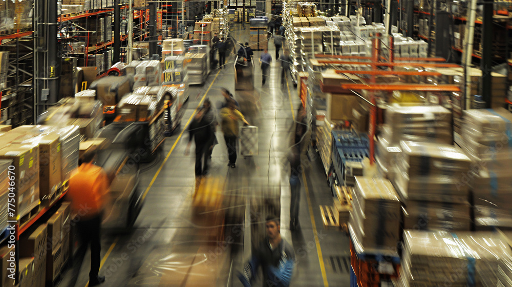 Obraz premium Aerial view of warehouse , busy workflow of hardware store emplyess , group of worker in large in motion blur