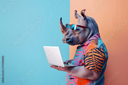 Rhino hipster with laptop on blue and orange background. Children's education concept.