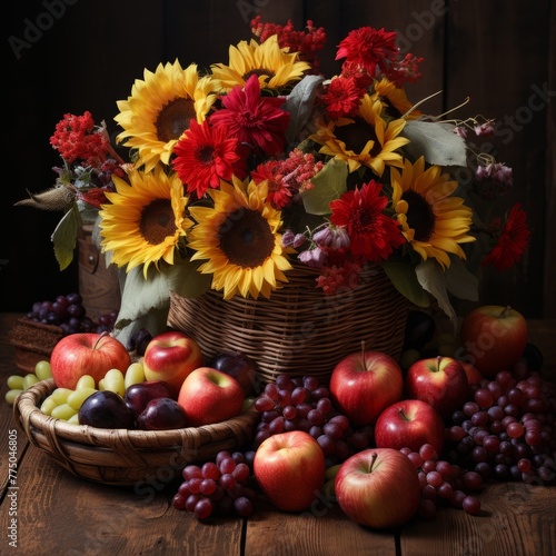 Sunny morning in rustic: sunflowers, apples, vegetables and berries.