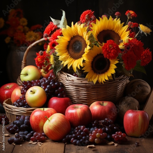 Bright mood on an old table: sunflowers, apples and vegetables. © Aleksandr