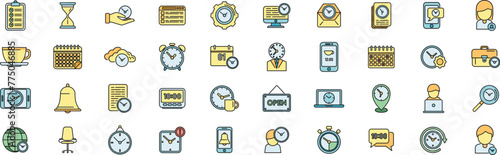 Flexible working hours icons set outline vector. Alarm clock. Work flexible thin line color flat on white