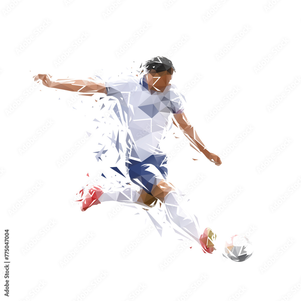 Football player kicking ball, isolated low poly illustration. Soccer logo - obrazy, fototapety, plakaty 
