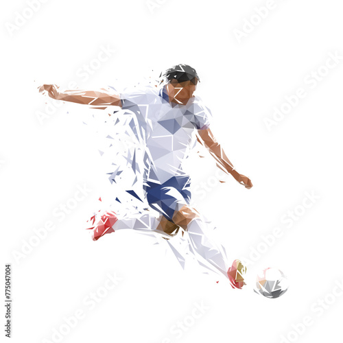 Football player kicking ball, isolated low poly illustration. Soccer logo