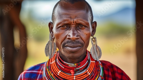 Portrait of a black man from the Masai Mara tribe with a traditional colorful necklace, earrings looking at the camera against the background of nature Africa. photo