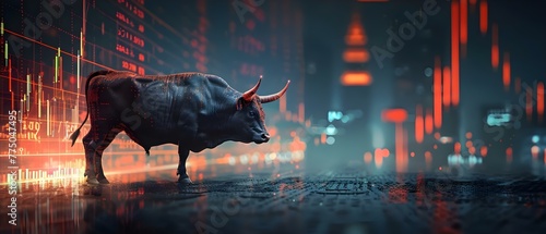 Bull Market Trend: Symbolizing Investment Growth and Profit Potential in Stock or Currency Prices. Concept Stock Market, Investment Growth, Profit Potential, Bull Market Trend, Currency Prices
