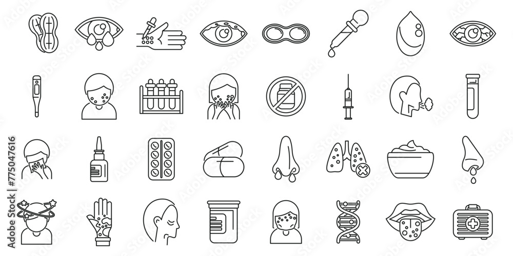 Allergy to peanuts icons set outline vector. Food health. Skin disease diagnosis Allergy to peanuts icons set outline vector. Food health. Skin disease diagnosis