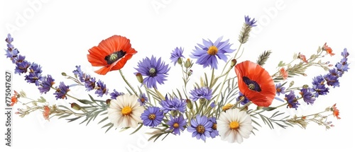 Various wild flowers are used as corner design elements like poppy, cornflower, dandelion, and lavender
