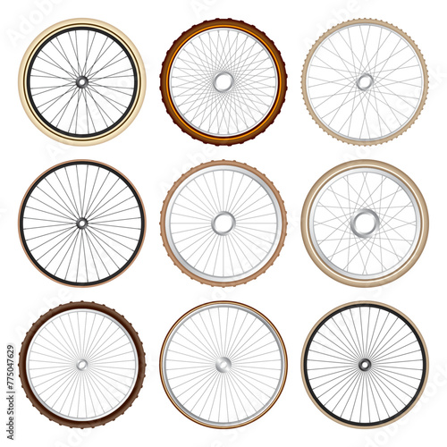 Realistic 3d retro bicycle wheels. Vintage bike rubber tyres, shiny metal spokes and rims. Fitness cycle, touring, sport, road and mountain bike. Vector illustration