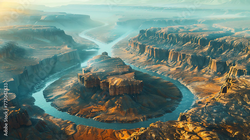 An aerial view of a dramatic canyon carved by a winding river