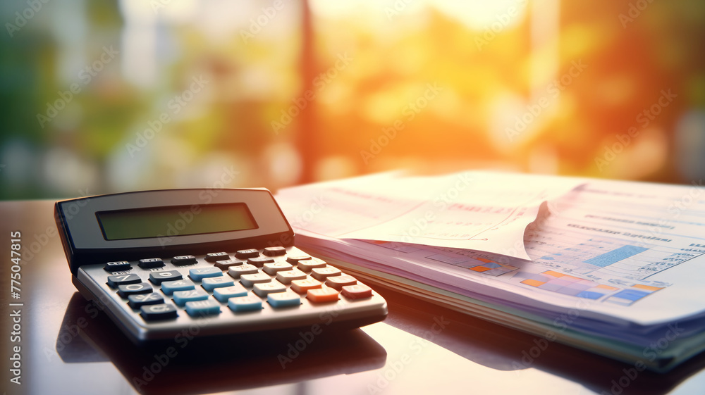 loan mortgage concept. A close-up shot of a calculator and a pen on a stack of financial documents, illuminated by warm sunlight on an office desk. loan mortgage concept. A close-up shot of a calculator and a pen on a stack of financial documents, illuminated by warm sunlight on an office desk.