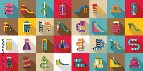 Aquapark slide icons set flat vector. Water fun. Recreation summer park