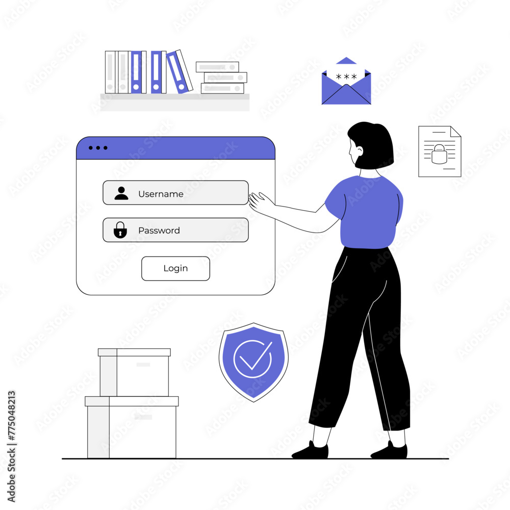 login authentication page concept. Woman field login screen with username password on web page. Two factor authentication. Vector illustration with line people for web design. - obrazy, fototapety, plakaty 