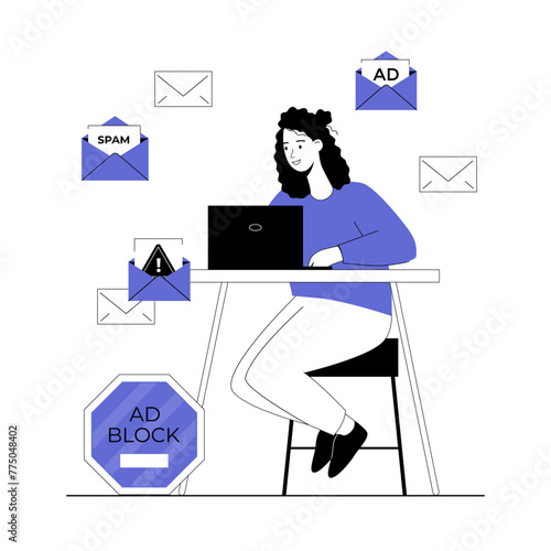 Spam protection, stop spam attack. Blocking unwanted advertising mailings. Website Adblock software, antivirus application. Vector illustration with line people for web design.

