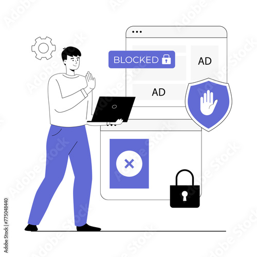 Ad blocking browser extension, online advertisement filtering software or application. Spam protection. Vector illustration with line people for web design.