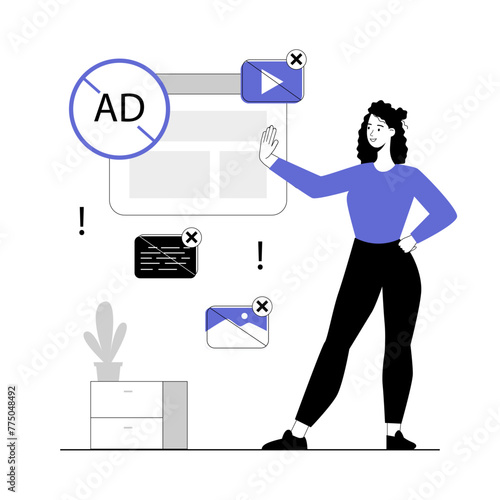 Ad blocking software. Removing online advertising, anti-spam protection, browser extension, mail filter. Vector illustration with line people for web design.