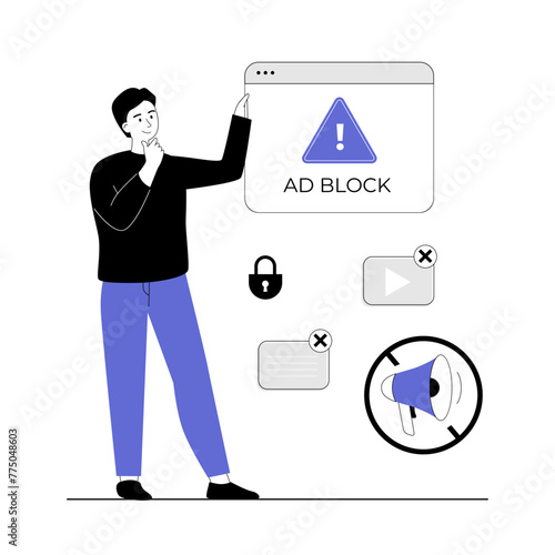 Online ad blocker concept. No advertising, anti spam protection, without ads concept. Website Adblock software. Vector illustration with line people for web design.