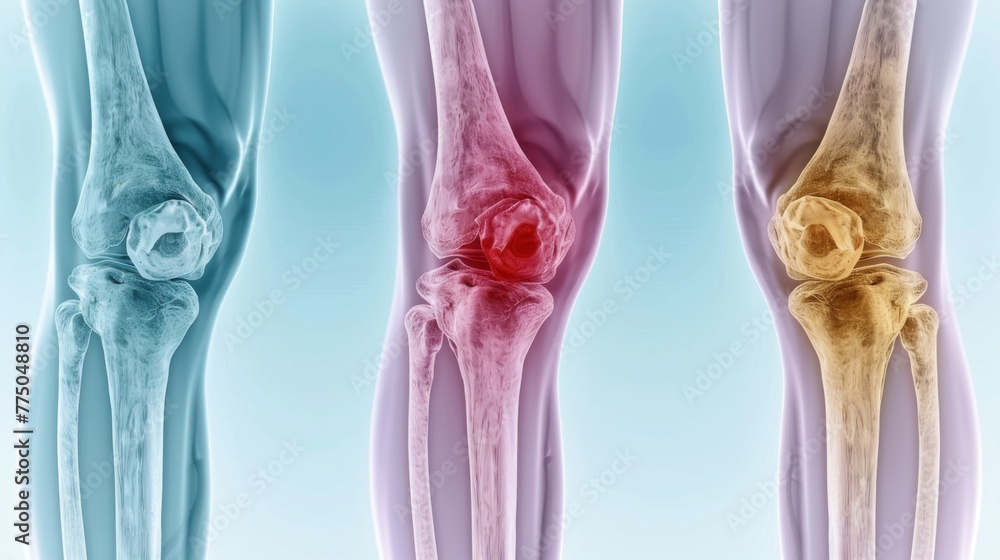 Human femur, knee and foot x-rays showing pain points in red for ...