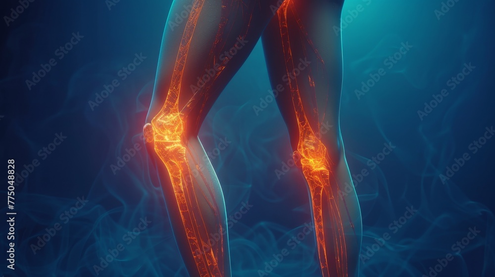 3D illustration of thigh and calf muscles connected to knee bone on dark blue background. It is used in medicine, sports and education 3D illustration of thigh and calf muscles connected to knee bone on dark blue background. It is used in medicine, sports and education