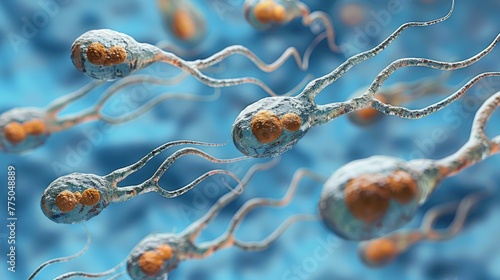 Group of sperm cells or gametes trying to enter in an ovum in order to fertilize it microscopic ,3D rendering illustration