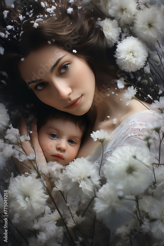 Beautiful young mother with her daughter in white flowers. Mother's day.