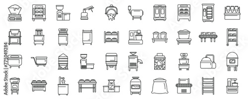Bread production icons set outline vector. Food factory. Cake machine industry