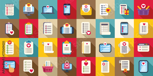 Wish list icons set flat vector. Winter post. Paper read gift card